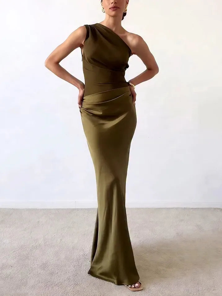 Women's Elegant Pleated Maxi Dress | One-Shoulder Formal Evening Gown 1