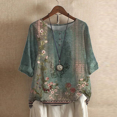 Women's Floral Blend Blouse | Elegant Relaxed Long Sleeve Summer Top 0