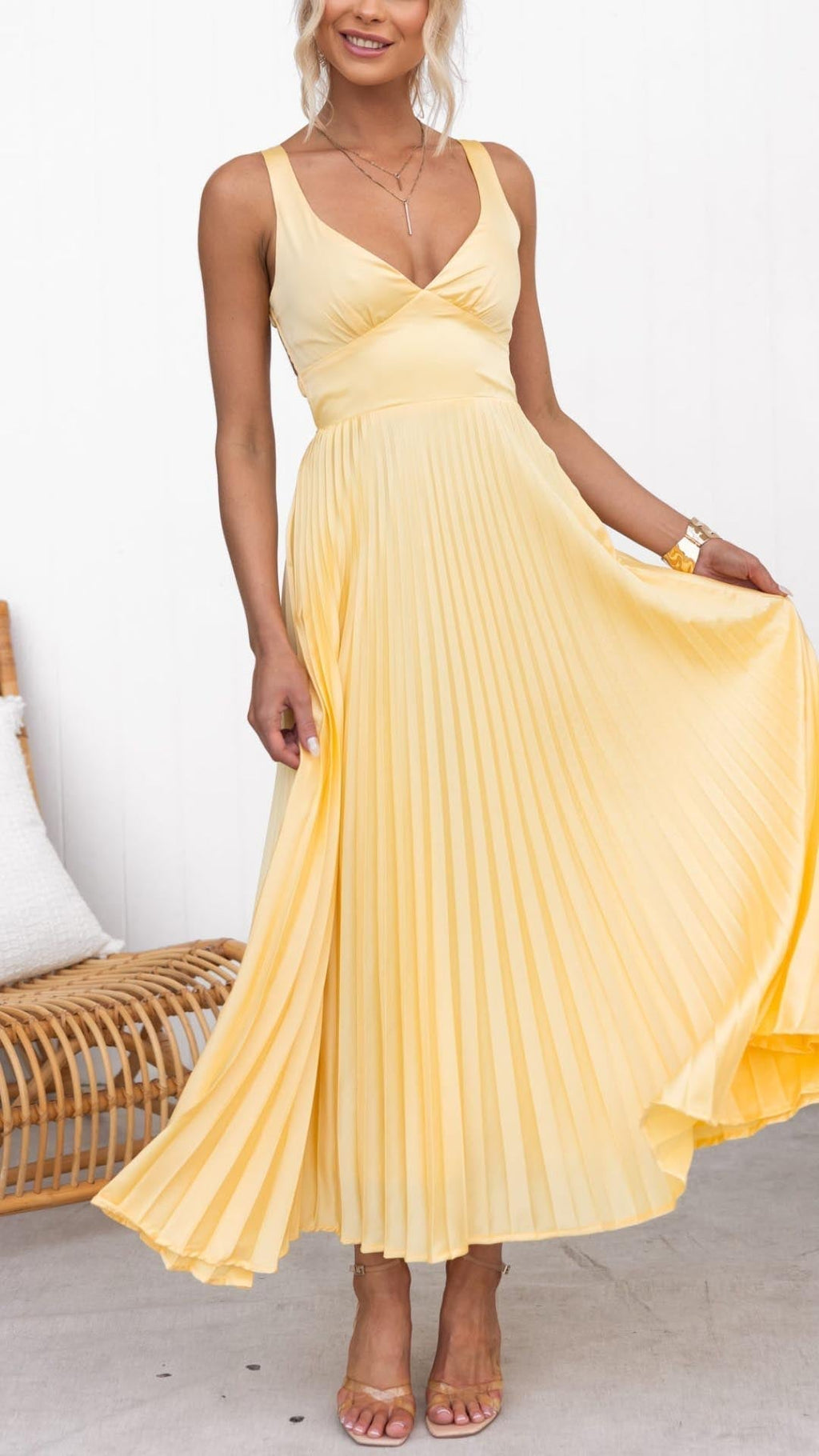 Women's Lightweight Pleated Midi Dress | Elegant Sleeveless V-Neck Summer Dress 0
