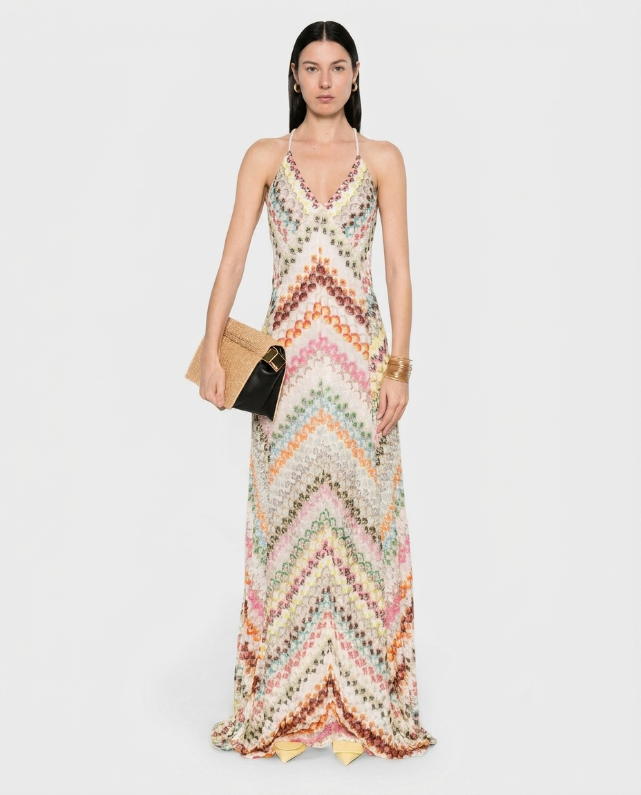 Women's Elegant Lace Maxi Dress | Sophisticated V-Neck with Zigzag Motif