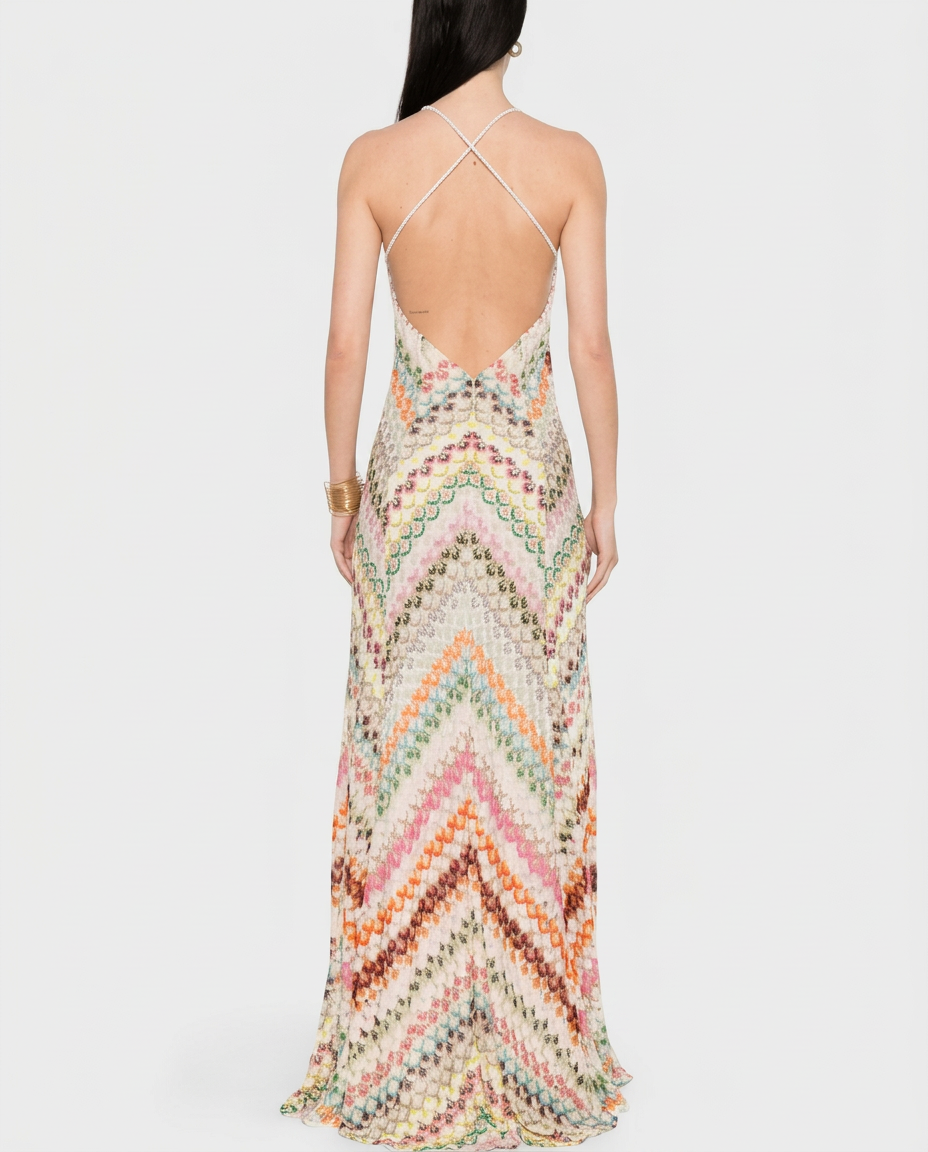 Women's Elegant Lace Maxi Dress | Sophisticated V-Neck with Zigzag Motif
