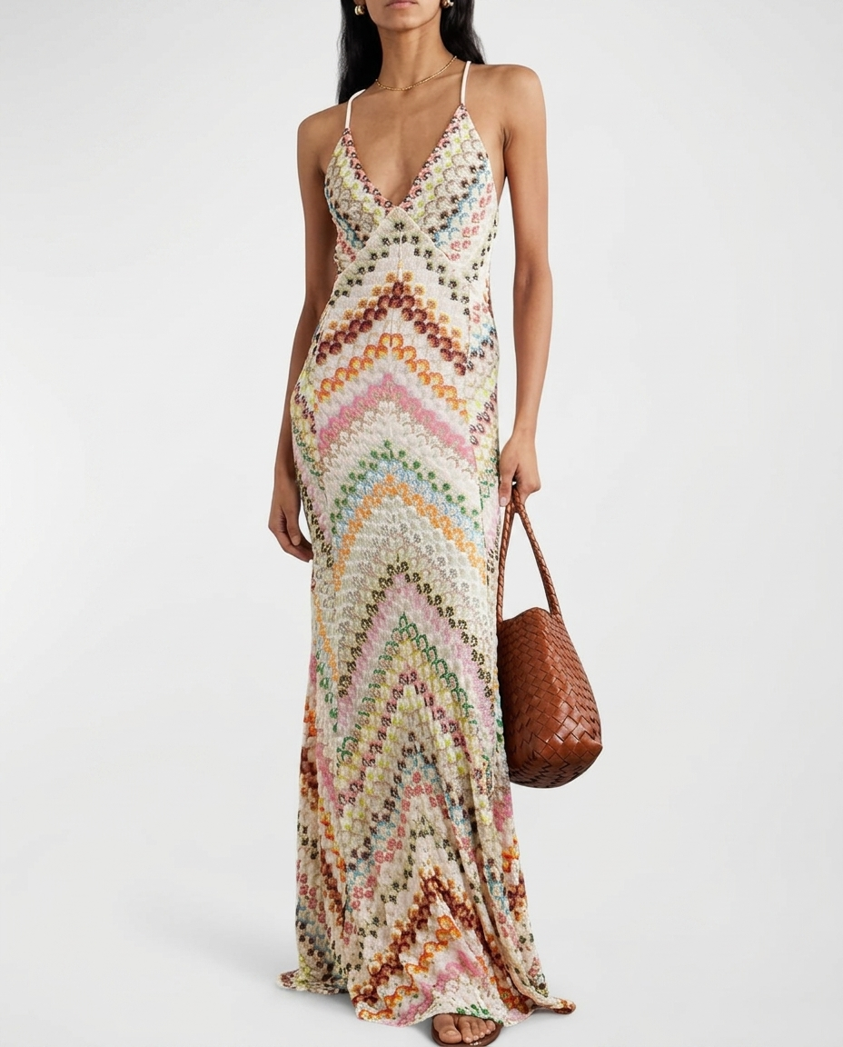 Women's Elegant Lace Maxi Dress | Sophisticated V-Neck with Zigzag Motif