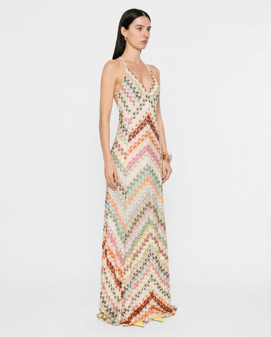 Women's Elegant Lace Maxi Dress | Sophisticated V-Neck with Zigzag Motif